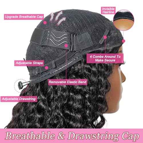 Curly Half Wig Human Hair 180% Density Deep Wave Glueless Wigs Upgrade 3 In 1 Wigs Beginner Friendly Seamless Flip Over Drawstring Curly Wig Ready to Go Headband Wig Natural Black Color 16 Inch
