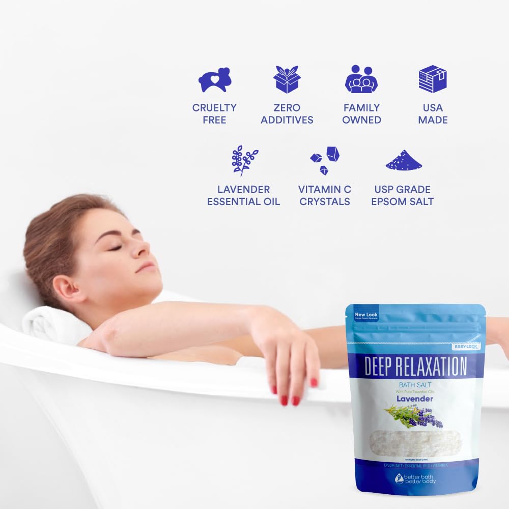 Deep Relaxation Bath Salt 128 Ounces Epsom Salt with Natural Lavender Essential Oil Plus Vitamin C in BPA Free Pouch