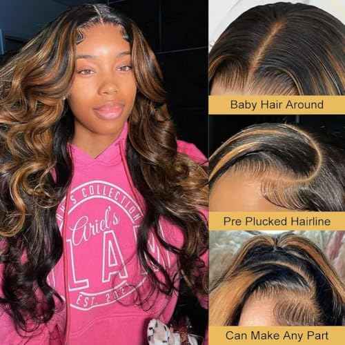 13x6 Body Wave 200% Density Highlight Ombre Lace Front Wig Human Hair Glueless 24 inch HD Transparent 1B/30 Honey Blonde Lace Frontal Wigs Human Hair Pre Plucked With Baby Hair
