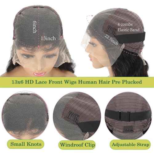 16 Inch Bob Wig Human Hair Short Body Wave Lace Front Wigs Human Hair 13x6 HD Lace Front Wigs 200 Density Body Wave Wigs Pre Plucked for Women Natural Black