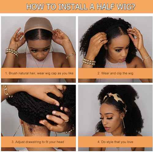 Glueless Wigs Human Hair Upgrade 3 IN 1 Half Wig With Drawstring Seamless Clip Ins Flip Over Kinky Curly Human Hair No Glue No Lace Wig For Women 200% Density 22 Inch
