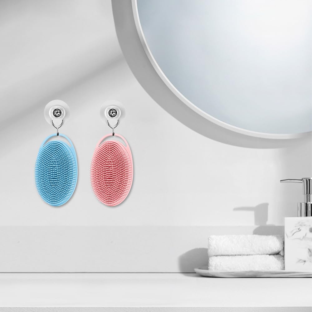 Cutiland 2 Pack Silicone Body Scrubber with Loofah Exfoliating Soft Body Shower Scrubber for Body, 2 in 1 Bath and Shampoo Wash Brush for Skin Exfoliation Men Women (Blue&Pink)