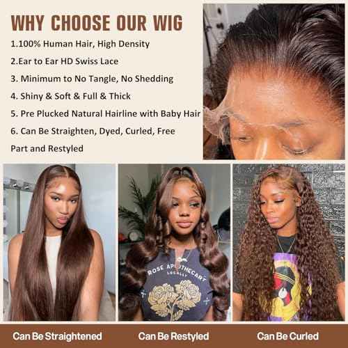 24 Inch Chocolate Brown Human Hair Wig 200 Density Body Wave Lace Front Wigs Human Hair Pre Plucked 13X4 HD Frontal Wig 4# Colored Brown Wig For Women Glueless Wigs