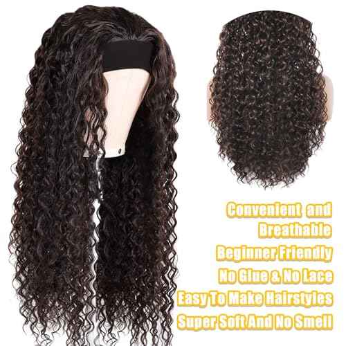 Headband Wig Human Hair Deep Wave Half Wigs Glueless None Lace Front Wigs with Headband Attached Brazilian Human Hair Headband Wigs Glueless Curly Hair for Black Women(22 Inch, Chocolate Brown)