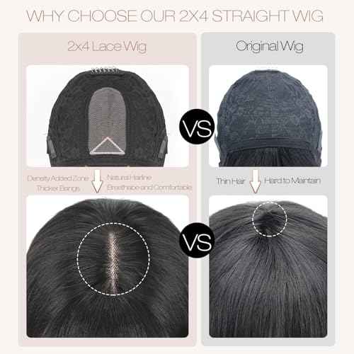 Straight Human Hair Wigs with Bangs 2x4 Lace Closure Wigs Human Hair 180% Density Drawstring Glueless Wigs Human Hair for Women Lace Front Wigs Human Hair Natural Black 20inch.