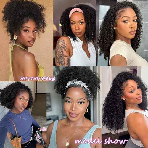 20 Inch Half Wig Human Hair 200% Density Curly 3 In 1 Seamless Flip Over with Drawstring Headband Wig Beginner Friendly Jerry Curly Human Hair Wig Wear and Go Glueless Wigs Human Hair for Women