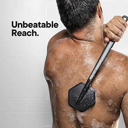TOOLETRIES Silicone Back Scrubber with Hook - Exfoliating Shower Brush, Back Washer for Men, Durable Back Brush with Long Handle - Long Lasting Bath & Shower Accessories - Charcoal