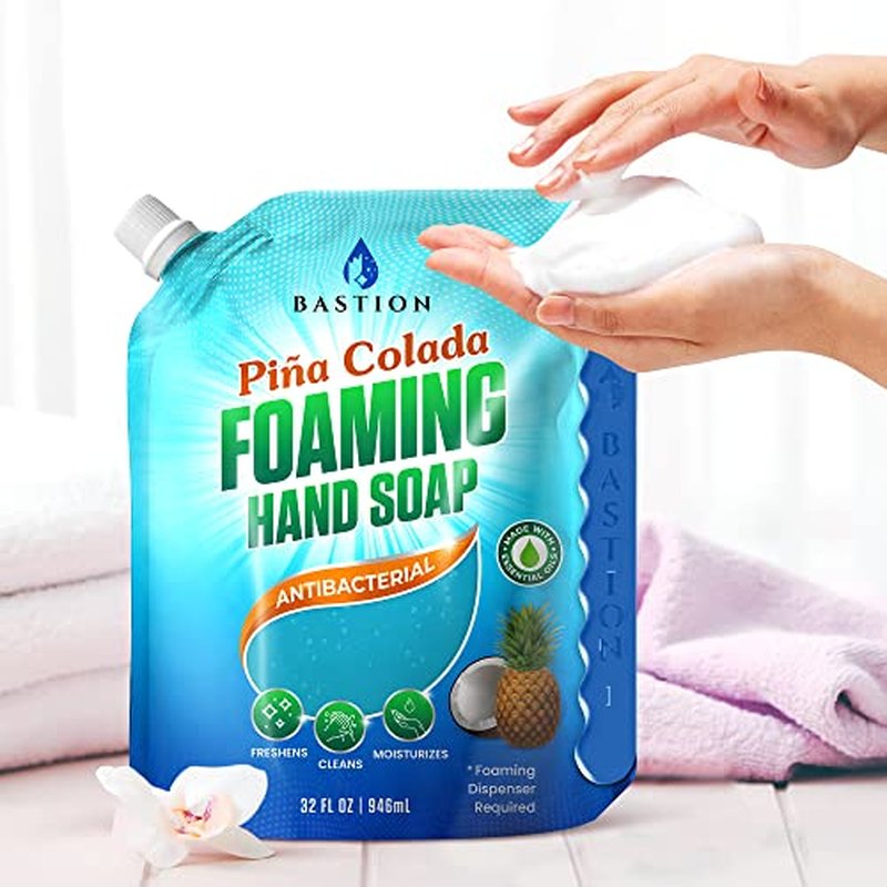 Bastion Foaming Hand Soap Refills - 32oz Pouch, Pina Colada Scented Antibacterial Foam Wash