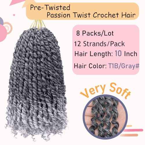 LOSMOEER 8 Packs Passion Twist Hair 10 Inch Ombre Gray Pre-twisted Passion Twist Crochet Hair Grey Pre-looped Crochet Braids for Women Passion Twists Braiding Hair Synthetic Hair Extensions