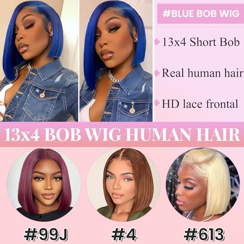 16 Inch Blue Bob Wig Human Hair 13x4 HD Lace Front Wigs Human Hair Pre Plucked with Baby Hair Glueless Bob Wig Human Hair 180% Density