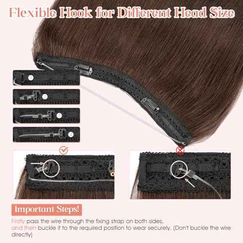 Hairro Wire Hair Extensions Human Hair, Fish Line Invisible Adjustable & Clips in Extensions Straight, 100% Real Hairpieces Seamless Blending for Women, 16 Inch 80g Dark Brown