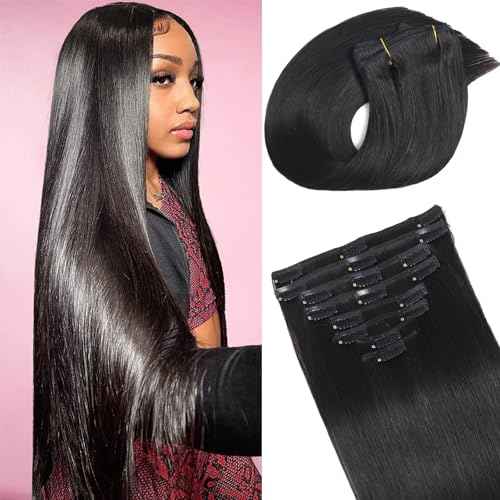 Clip in Hair Extensions Real Human Hair, Seamless Human hair Clip ins Extensions for Women Invisible Straight 8Pcs Double Weft 1B Natural Black 24inch 120g