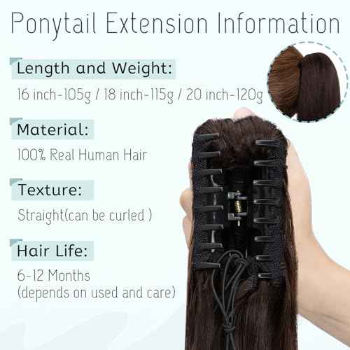 S-noilite Claw Clip Ponytail Extension Human Hair #2 Dark Brown Real Remy Human Hair Ponytail Extension 14inch Long Straight Hair Pony Tails Hair Extensions For Women 105Grams