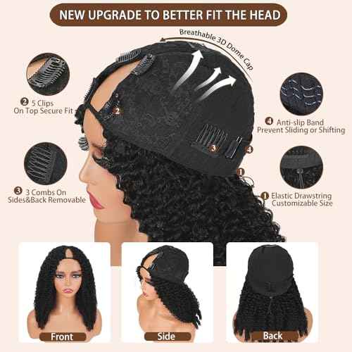 V Part Burmese Curly Wig Human Hair 200% Density Upgrade U Part Wig with Drawstring No Leave Out Glueless V Shape Full Head Clip In Half Wig Curly Human Hair Wig for Black Women Natural Color 20 Inch