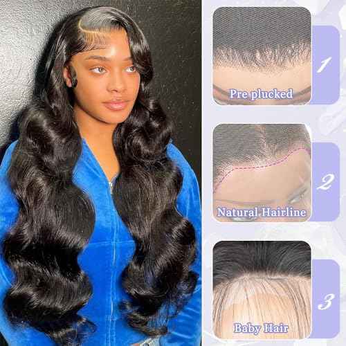 13x4 Body Wave Lace Front Wigs Human Hair Pre Plucked 180 Density HD Transparent Lace Frontal Wigs with Baby Hair Natural Hairline Gluesless Human Hair Wigs for Women Black 26 Inch