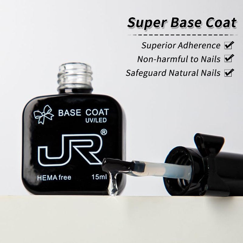 JR No Wipe Gel Top & Base Coat Set - 15ML Long Lasting Formula for High Gloss Nail Art