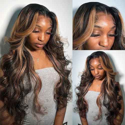 Licoville 22 Inch Highlight Ombre Lace Front Wig Human Hair Loose Wave Lace Front Wigs 1b/30 Black Brown Highlight Loose Curly Wigs Human Hair for Black Women 180% Density Middle Part Pre Plucked