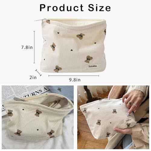 Cute Small Soft Corduroy Zipper Makeup Bag for Purse, Coquette Aesthetic Pouch with Bear Pattern for Women Girls, Kawaii Travel Cosmetic Bags£¨03Beige£©