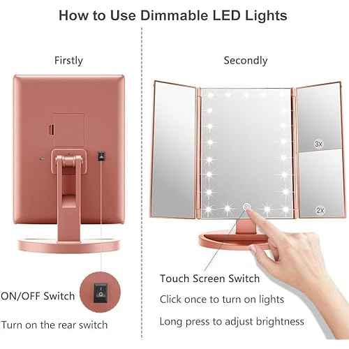 WEILY Makeup Mirror with 21 LED Lights,Two Power Supply Modes, Adjustable Touch Screen and 1x/2x/3x Magnification Tri-Fold Vanity Mirror,Chargeable Travel Cosmetic Mirror for Desktop(Rose Pink)