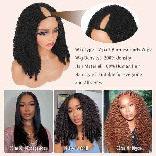V Part Burmese Curly Wig Human Hair 200% Density Upgrade U Part Wig with Drawstring No Leave Out Glueless V Shape Full Head Clip In Half Wig Curly Human Hair Wig for Black Women Natural Color 20 Inch