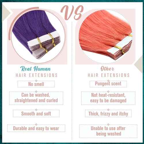 RUNATURE Purple Hair Extensions Human Hair Tape in Extensions 18 Inch 50g 20pcs Tape in Hair Extensions Colored Highlight Party Thick Tape in Human Hair Extensions #Purple