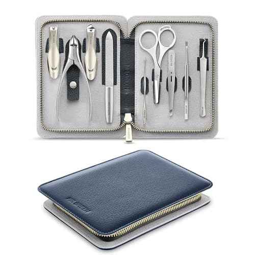 Manicure Set 9 in 1,Professional Pedicure kit,Stainless Steel Manicure Kit,Portable Travel Grooming Kit Nail Care Tools,Nail Clippers Pedicure Tools with Leather Travel Case (Dark Blue)