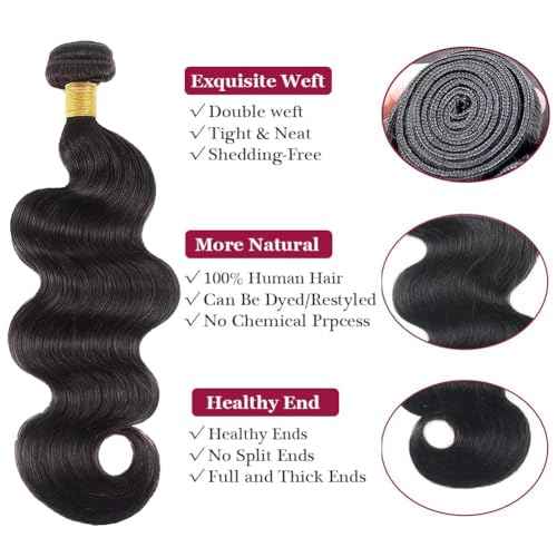 Body Wave Bundles Human Hair - 12A Brazilian Virgin Human Hair Bundle Double Weft Weave 100G Unprocessed Weave (1b, 18 20 22)
