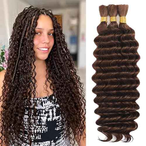 Chocolate Brown Braiding Hair Deep Wave Bulk Human Hair 110g 24 Inch 3 Bundles Brazilian Virgin Curly Human Hair Extensions for Boho Braids Wet and Color 4 Wavy Human Braiding Hair