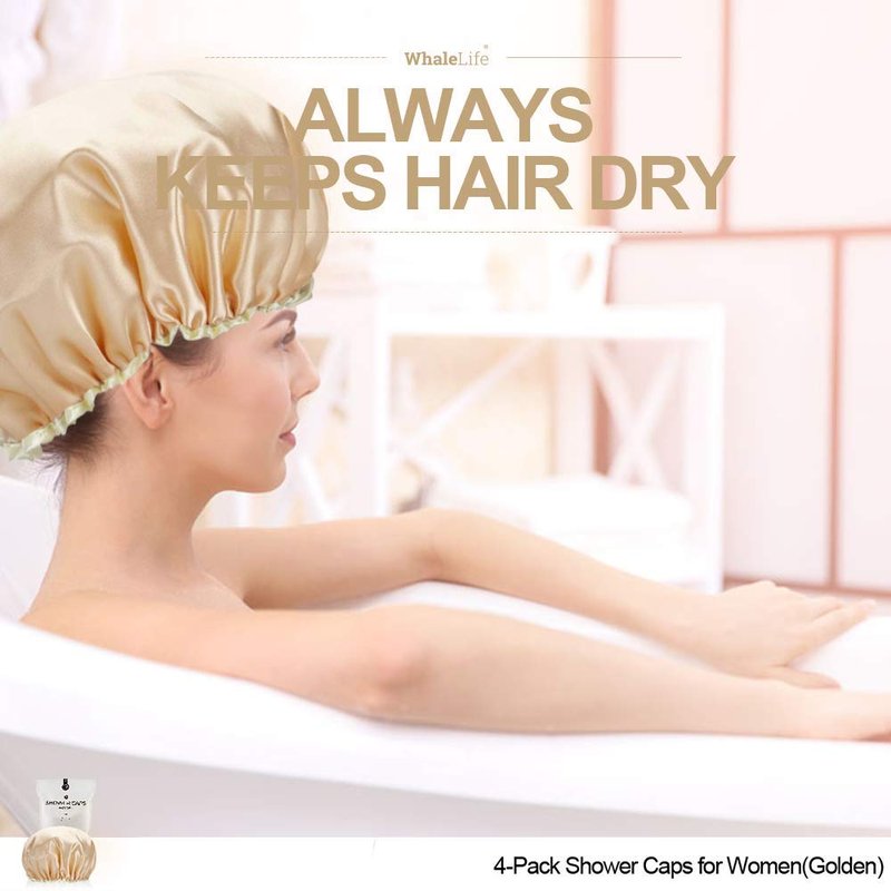 Shower Cap for Women Reusable Extra Large Shower Cap for Men (Golden 4 Pack Large) Satin Double Layer EVA Waterproof Long Hair Cap