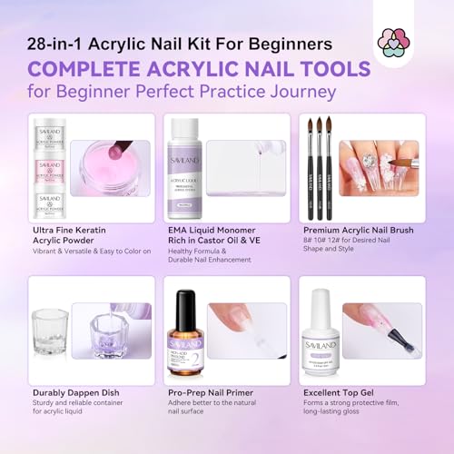 SAVILAND Acrylic Nail Kit with Drill: Nail Kit Acrylic Set with Everything for Beginners Glitter Powder and Liquid Set 100 Nails Tips Home DIY Manicure Salon