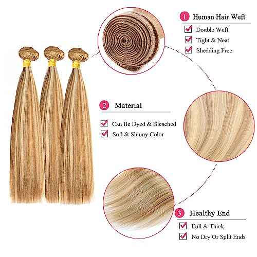 Honey Blonde Bundles Human Hair Straight Bundles 12 14 16 Inch P27/613 Highlight Blonde Straight Bundle Unprocessed Brazilian Virgin Weave Hair 3 Bundle 50 Gram Per Bundle