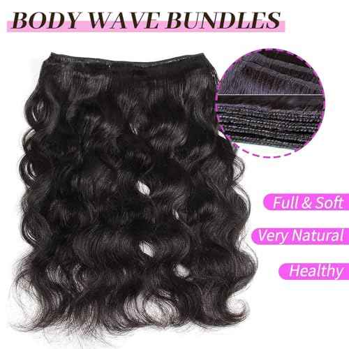12A Human Hair Bundles 14 16 18 Inch Body Wave 3 Bundles Human Hair 100% Unprocessed Brazilian Virgin Hair Bundles Quick Weave Hair Extension Natural Black