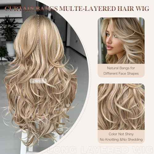 Platinum Blonde Highlight Ombre Light Brown Wig Long Wavy Layererd Wigs with Curtain Bangs for White Black Women,Synthetic Blonde Highlight Layered Wig for Daily Party Use 24Inch
