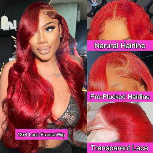 Red Lace Front Wigs Human Hair Body Wave 13x4 HD Transparent Hot Red Lace Front Wig Human Hair Wear and Go Glueless Burgundy Red Wigs Human Hair Pre Plucked with Baby Hair Colored Wigs For Black Women