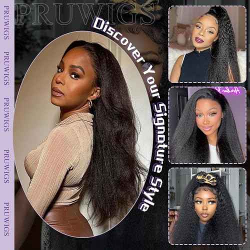 16 Inch 7x6 Glueless Wigs Human Hair Pre Plucked Pre Cut 250% Density Kinky Straight Lace Front Wigs With Drawstring Parting Max HD Lace Closure Wigs Human Hair for Women Natural Black
