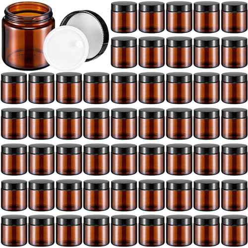Norme 64 Pcs 4 oz Glass Jars with Lids Leakproof Round Airtight Empty Cosmetic Jars with Inner Liners Lid for Storing Lotions Powder Ointments Candle Making Tins (Black,Amber)