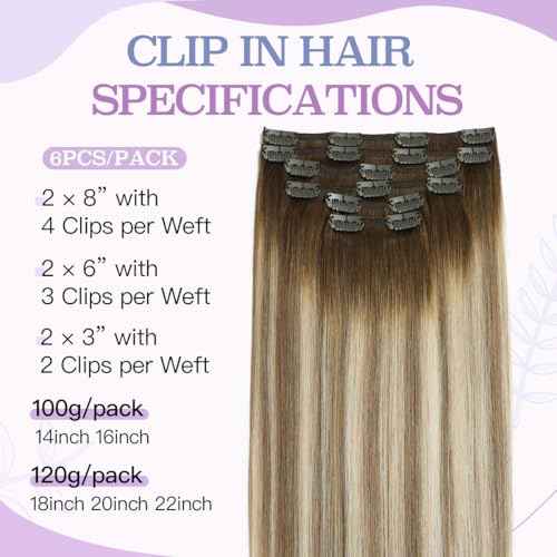 Sindra Clip in Hair Extensions Balayage Darker Brown to Ash Brown Highlights Golden Blonde 16 Inch 100g 6pcs Hair Extensions Clip Ins Remy Thick Ends #3/8/22 16''