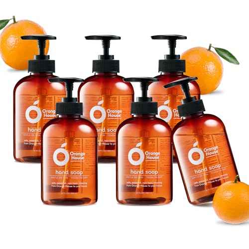 ORANGE HOUSE Natural Liquid Hand Soap, Food-Grade Orange Oil Moisturizing Hand Wash, Plant-Based & Hypoallergenic, Gentle for Sensitive Skin, Non-Toxic Citrus Scented Soap, 12 Fl Oz (6 Pack)
