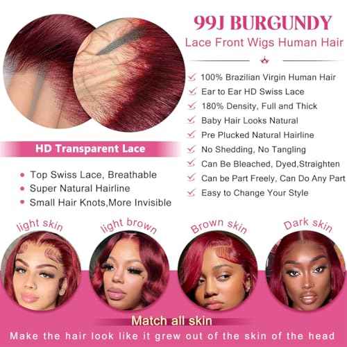 Burgundy Wig Human Hair Wigs for Black Women13x4 Deep Wave Lace Front Wigs Pre Plucked 200% Density 99j Loose Deep Wave Wigs Red Wine Virgin Glueless Wig24 Inch