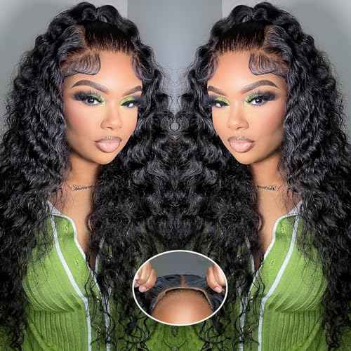 24 Inch Water Wave Lace Front Wigs Human Hair Wigs for Black Women 180% Density 5x5 HD Lace Front Glueless Wigs Human Hair Pre Plucked with Baby Hair Deep Curly Lace Frontal Human Hair Wig
