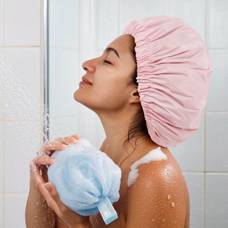 Reusable Shower Cap for Women - Large Waterproof Bath Hair Hat with Elastic Band | Pink for Long Hair & Braids