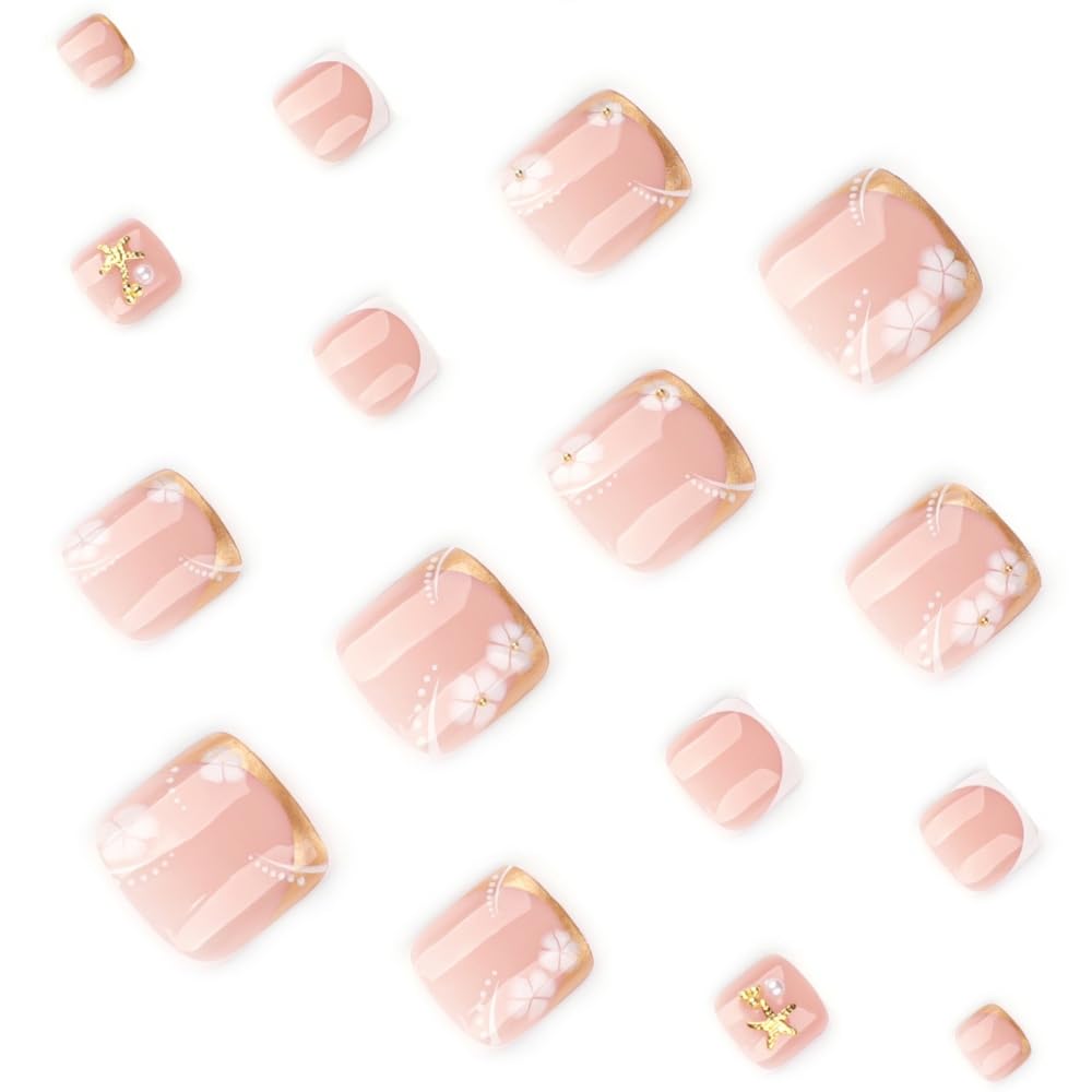 Toenails Square Fake Toenails Glossy French Tip Press on Toenails Solid Short Acrylic False Toes Nails with Designs Artificial Full Cover Toenail for Women Manicure 24 Pcs