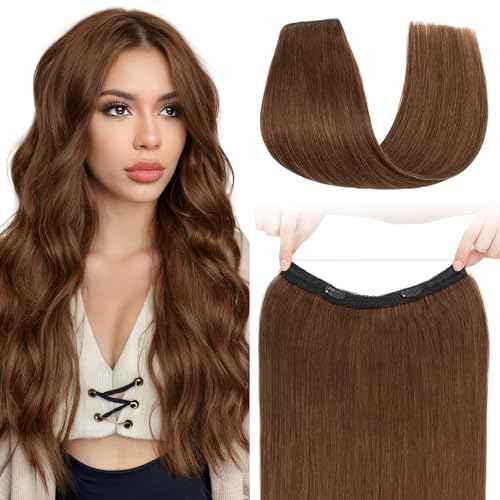 S-noilite Halo Hair Extension Invisible Wire in Real Remy Human Hair Extensions with Clips Adjustable Hidden Wire in Hair Extension for Women 18 inch Medium Brown