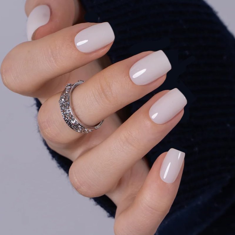 CurvLife Milky White Square Press on Nails Short, Soft Gel Fake Nails with Clean Nude Apricot Design Full Cover False Nails Glossy Nude Glue on Nails Artificial Stick on Nails for Women