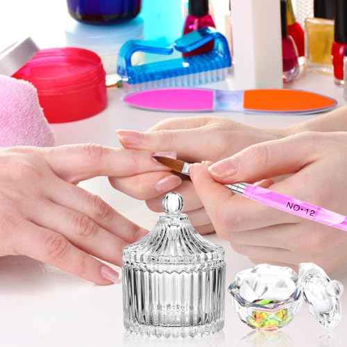 Acrylic Nail Brush Dappen Dish Set, 6PCS Nail Art Pen and 2PCS Crystal Dappen Dish for Acrylic Nails, Manicure Bowl Cup Glass Container for Acrylic Liquid Nail Tool Kit