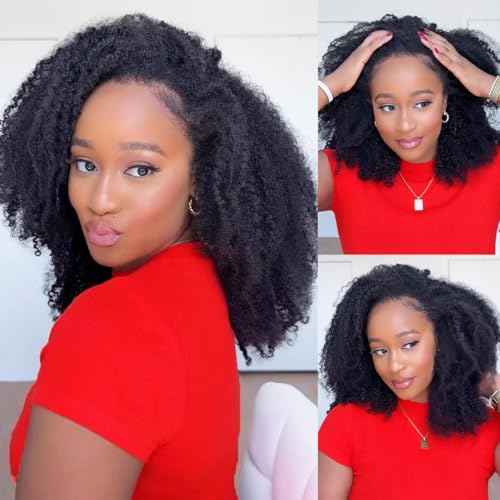 ?Kinky Curly Half Wig Human Hair With Drawstring 200% Density, Seamless 3 In 1 Flip Over Afro Kinky Curly Wig Human Hair Glueless Wear and Go Headband Curly Half Wigs for Black Women 18 Inch