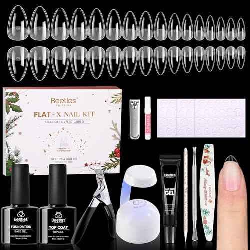 Beetles Gel Nail Kit Flat-X, Almond Short, 320pcs 16 Sizes, with 15g Hands-free Solid Nail Glue Gel, Mini Lamp, Christmas Limited Set, Pre-Etched Half Matte Nail Extension Set for Home DIY