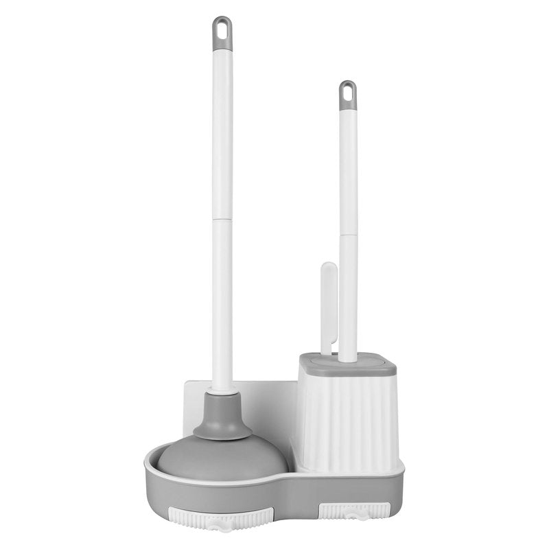 Silkyhose Toilet Brush and Plunger, 3 in 1 Toilet Bowl Brush and Holder with Crevice Cleaning Brush Wall Mounted Household Bathroom Cleaning Tools Combo Set(White-Gray)