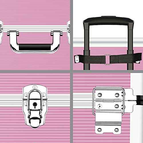 OUDMAY Makeup Train Case 4 in 1 Professional Cosmetics Rolling Organizer Aluminum Frame and Folding Trays Pink