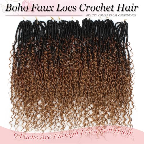 Boho Faux Locs Crochet Hair 9 Packs Long Goddess locs 24 Inch Boho Soft Locs With Curly Ends Pre Looped Bohemian River Loc Crochet Hair For Women (24 inch,1B/30/27)